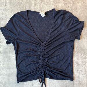 Navy blue ribbed rouched crop top tie front short sleeve summer Y2K shirt L